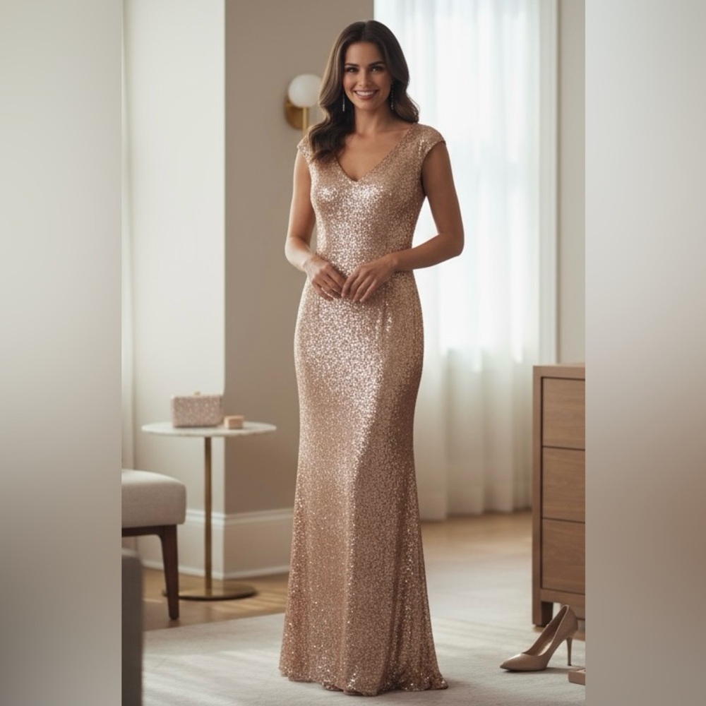 THEIA Kaylee Rose Gold Sequin Cap Sleeve Gown Size 8